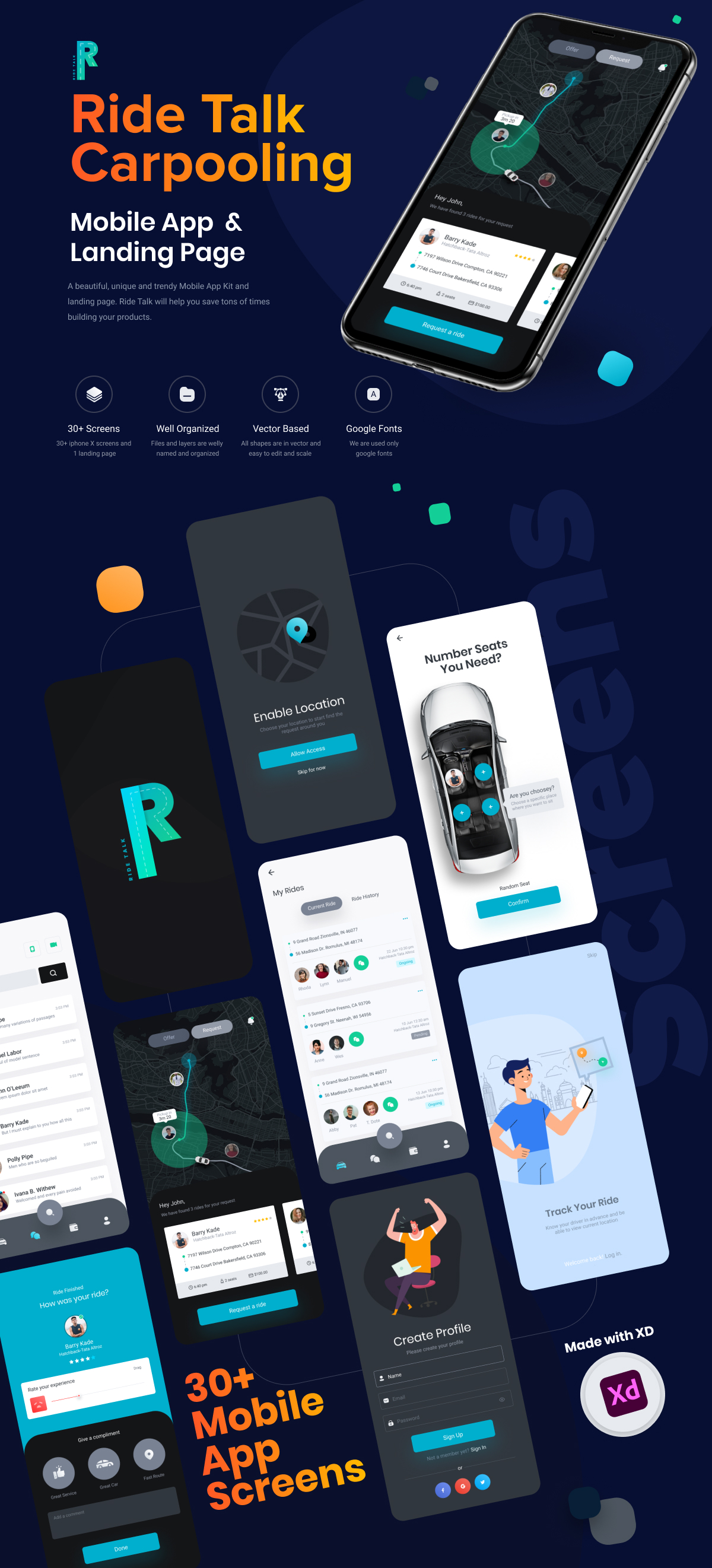 RideTalk A Carpooling Mobile App and Landing Page Adobe XD Template